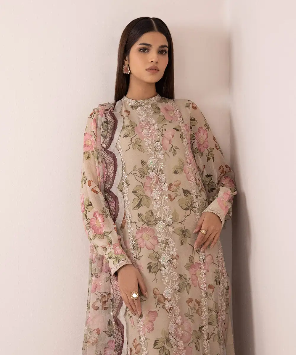 3 Piece - Embroidered Chiffon Suit