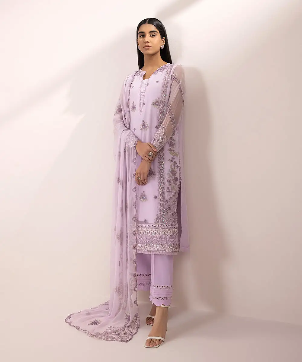 3 Piece - Embroidered Chiffon Suit