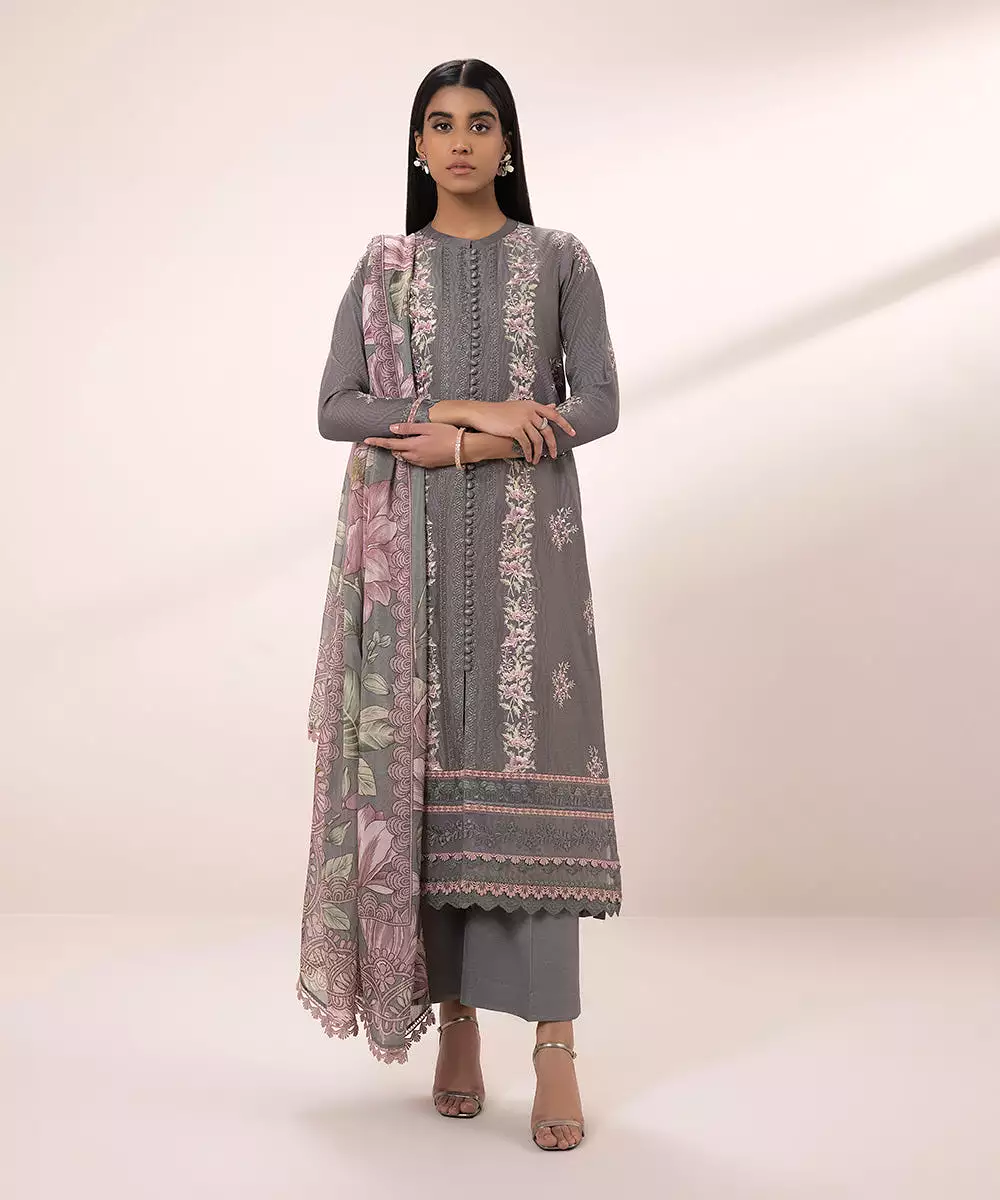 3 Piece - Embroidered Cotton Net Suit