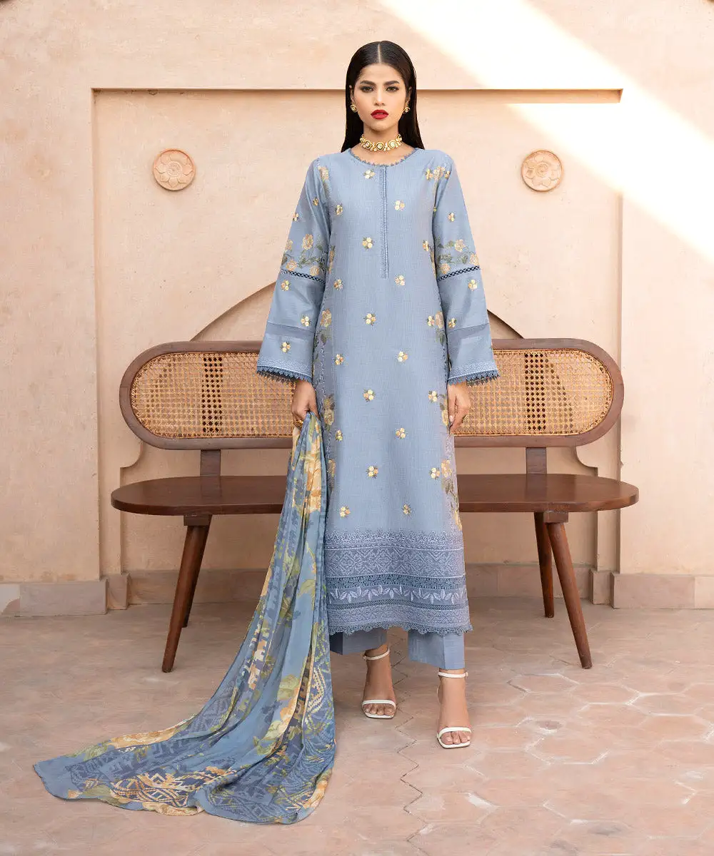 3 Piece - Embroidered Cotton Net Suit