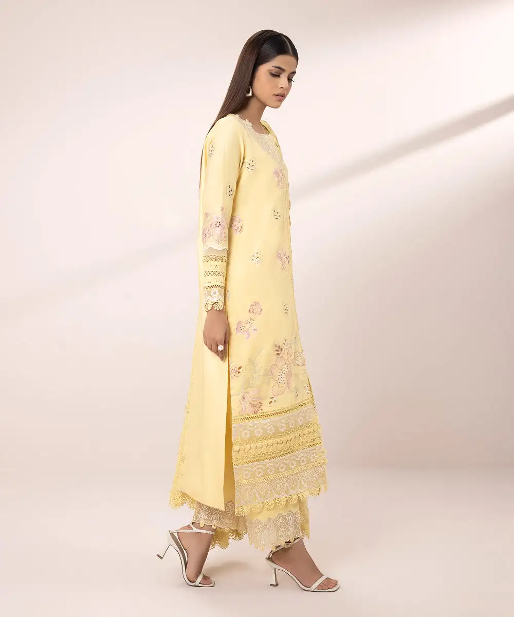 3 Piece - Embroidered Cotton Satin Suit