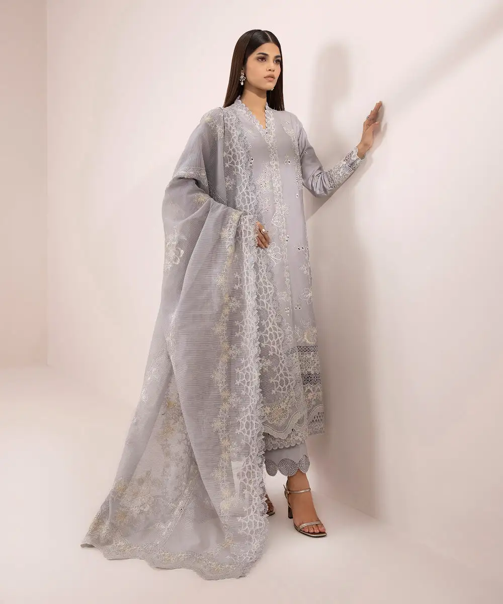 3 Piece - Embroidered Cotton Satin Suit