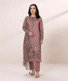 3 Piece - Embroidered Cotton Satin Suit