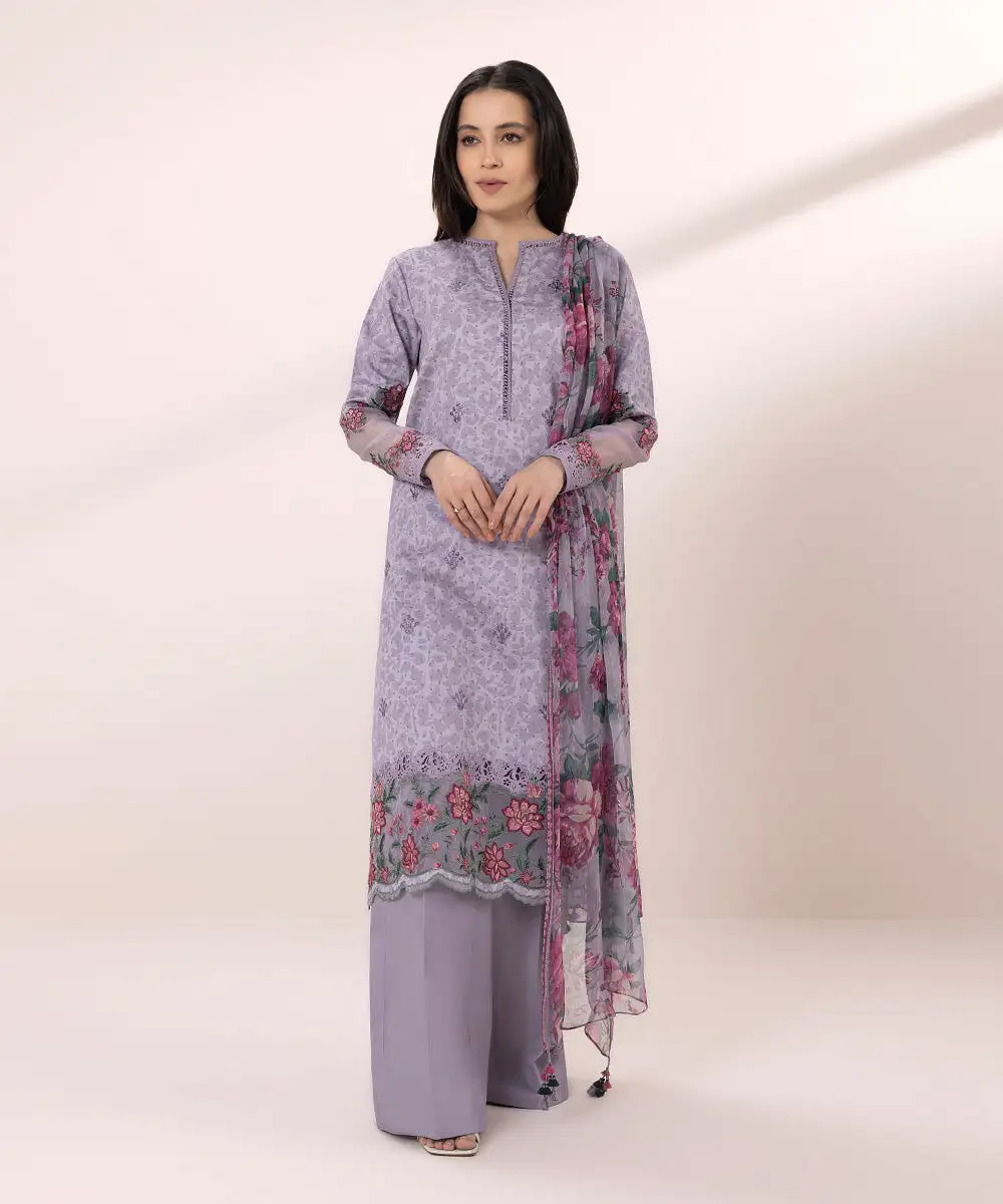 3 Piece - Embroidered Cotton Satin Suit