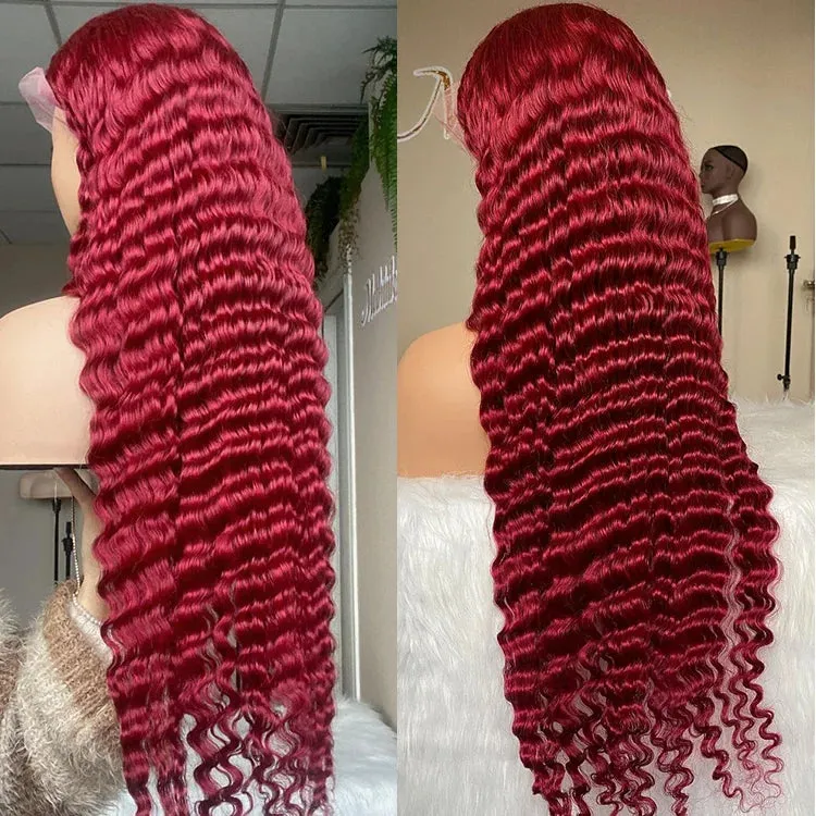 99j lace frontal wig 100% Colored Raw Red Wig Virgin human Hair  HD Transparent lace Red Deep wave curly lace wig