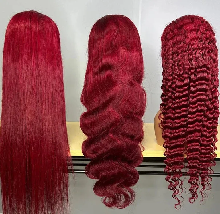 99j lace frontal wig 100% Colored Raw Red Wig Virgin human Hair  HD Transparent lace Red Deep wave curly lace wig