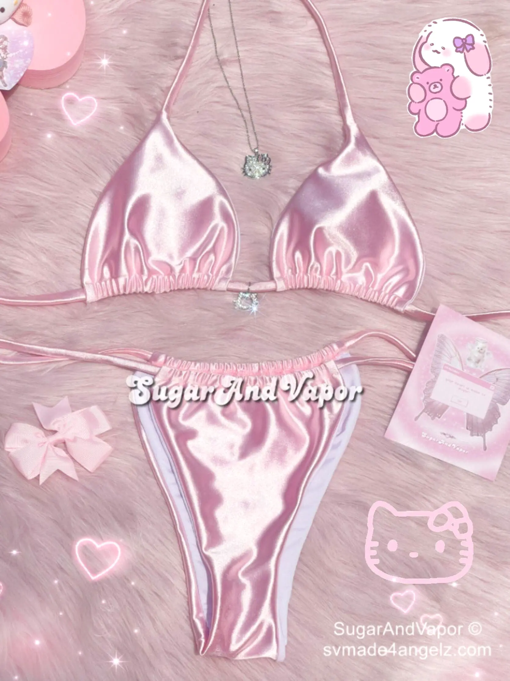 Adelia Pink Silky Bling Kitten Bikini Set