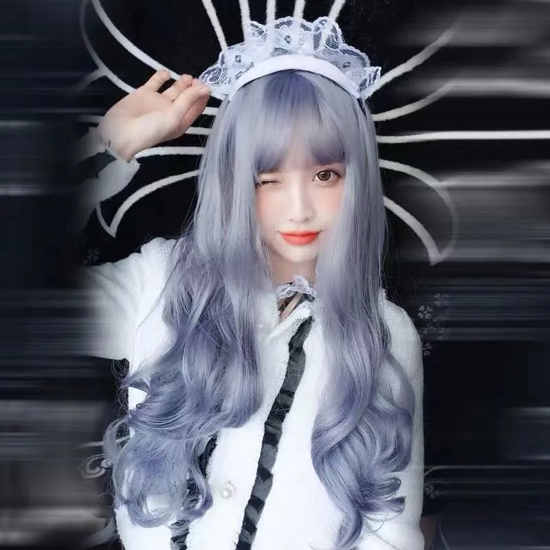 CUTE PURPLE GREY LONG ROOL WIG