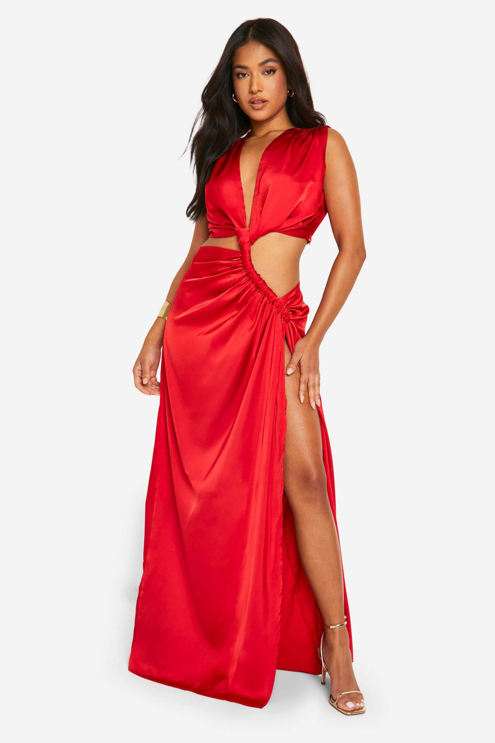 Dresses | Petite Satin Ruched Detail Plunge Maxi Dress | boohoo