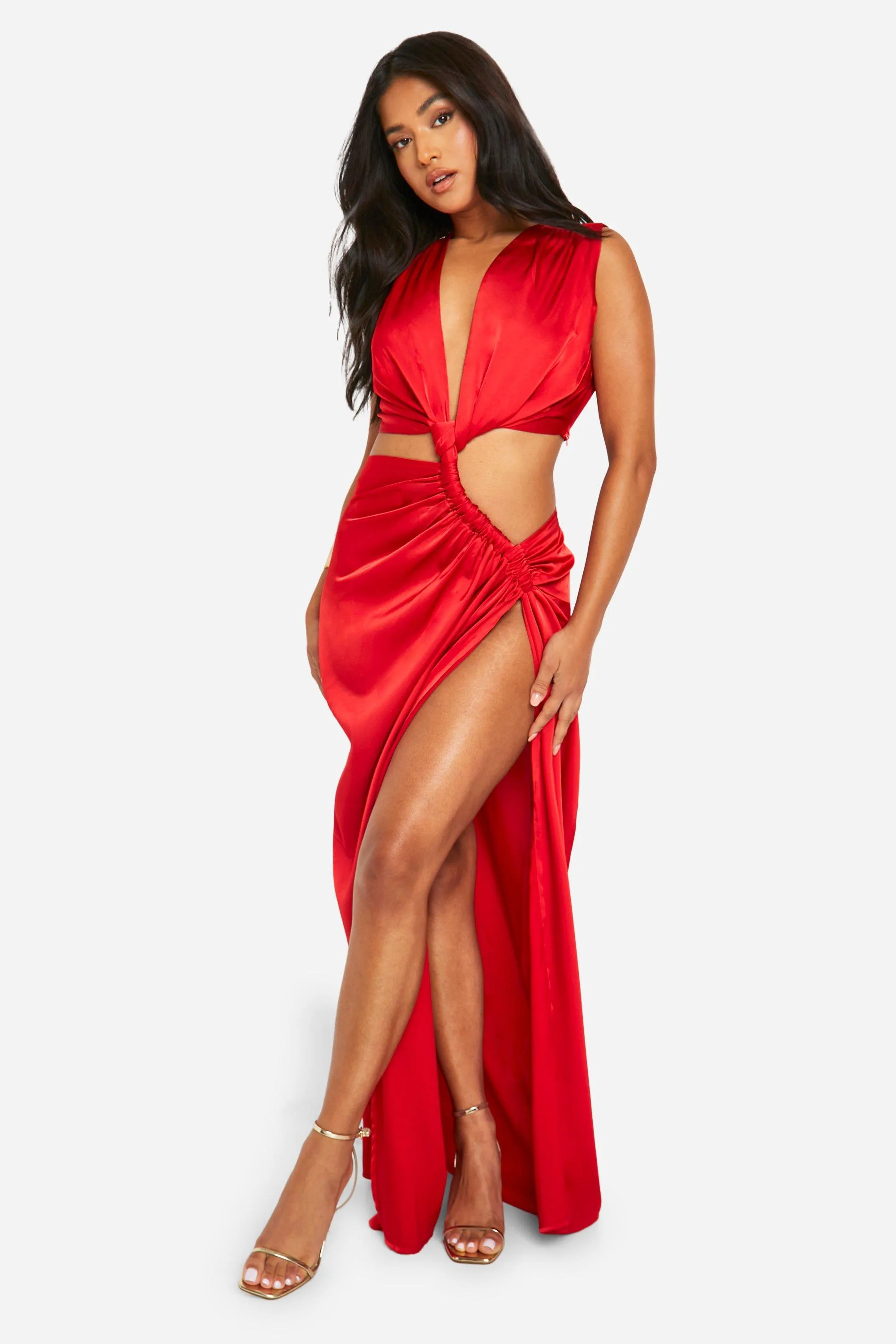 Dresses | Petite Satin Ruched Detail Plunge Maxi Dress | boohoo