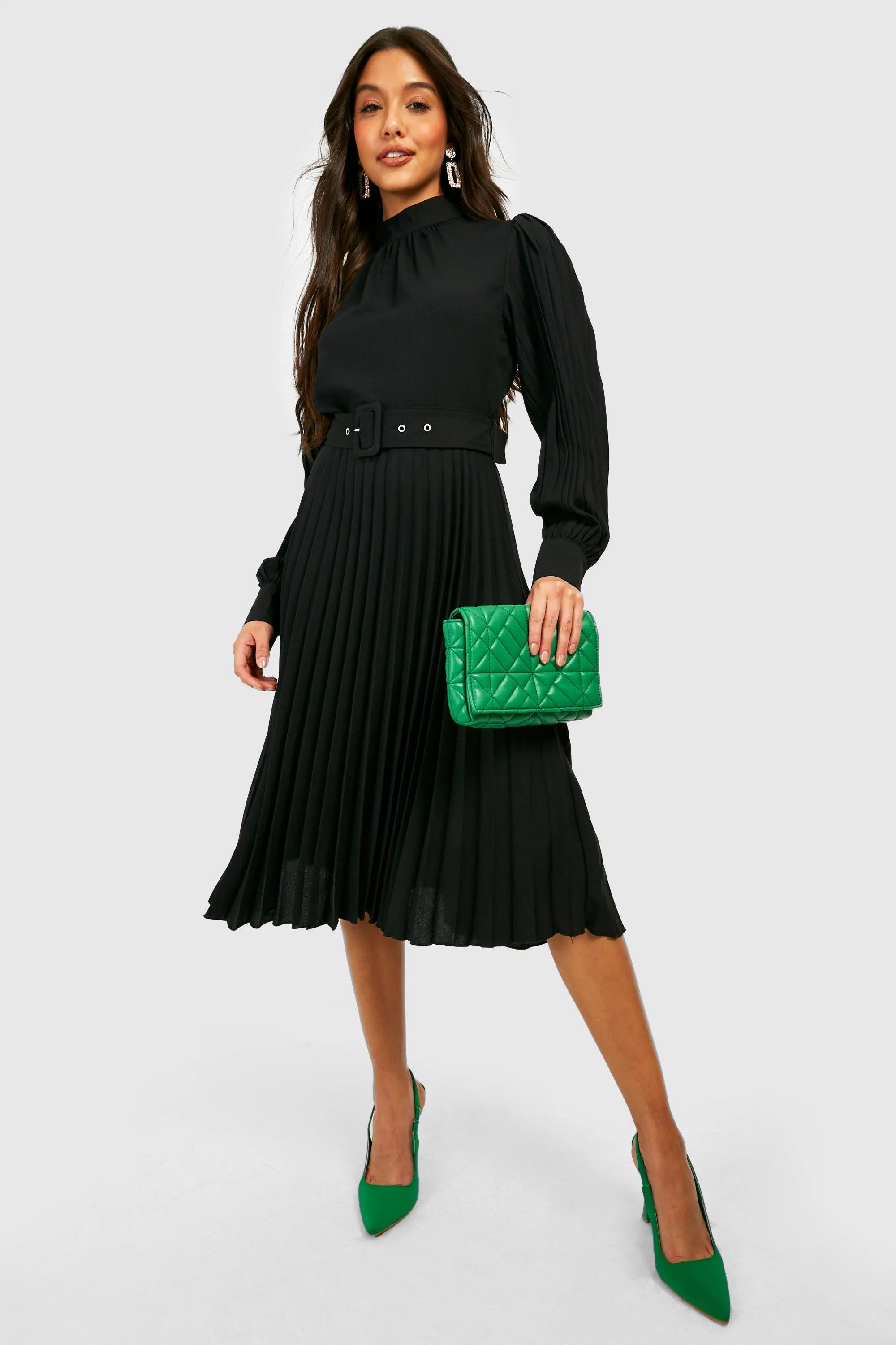 Dresses | Pleated High Neck Belted Midi Dress | boohoo