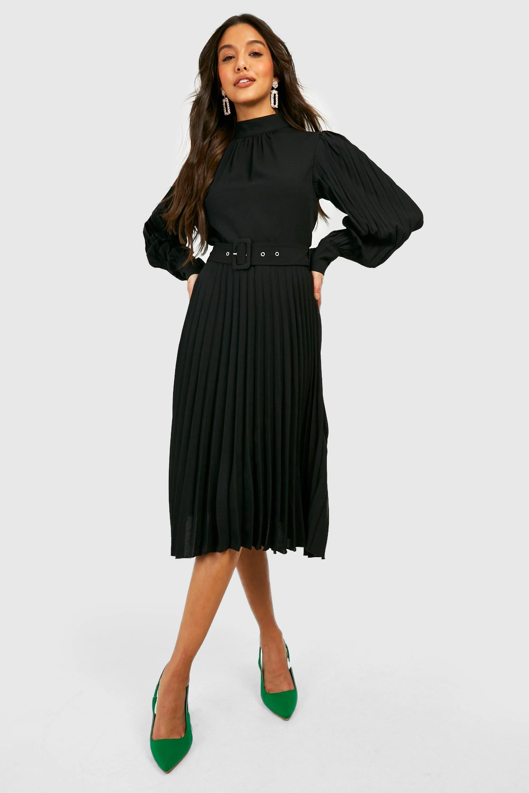 Dresses | Pleated High Neck Belted Midi Dress | boohoo