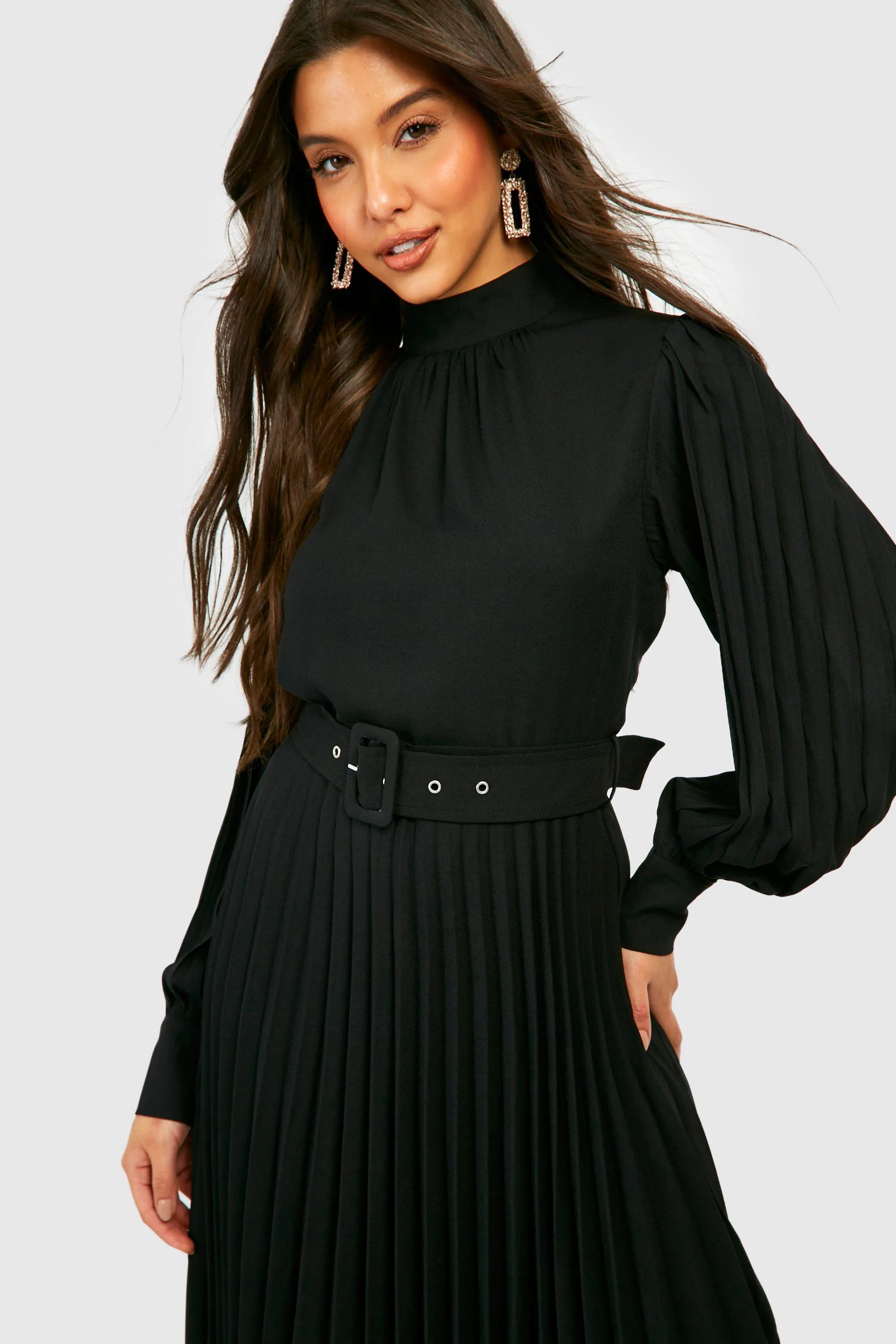 Dresses | Pleated High Neck Belted Midi Dress | boohoo