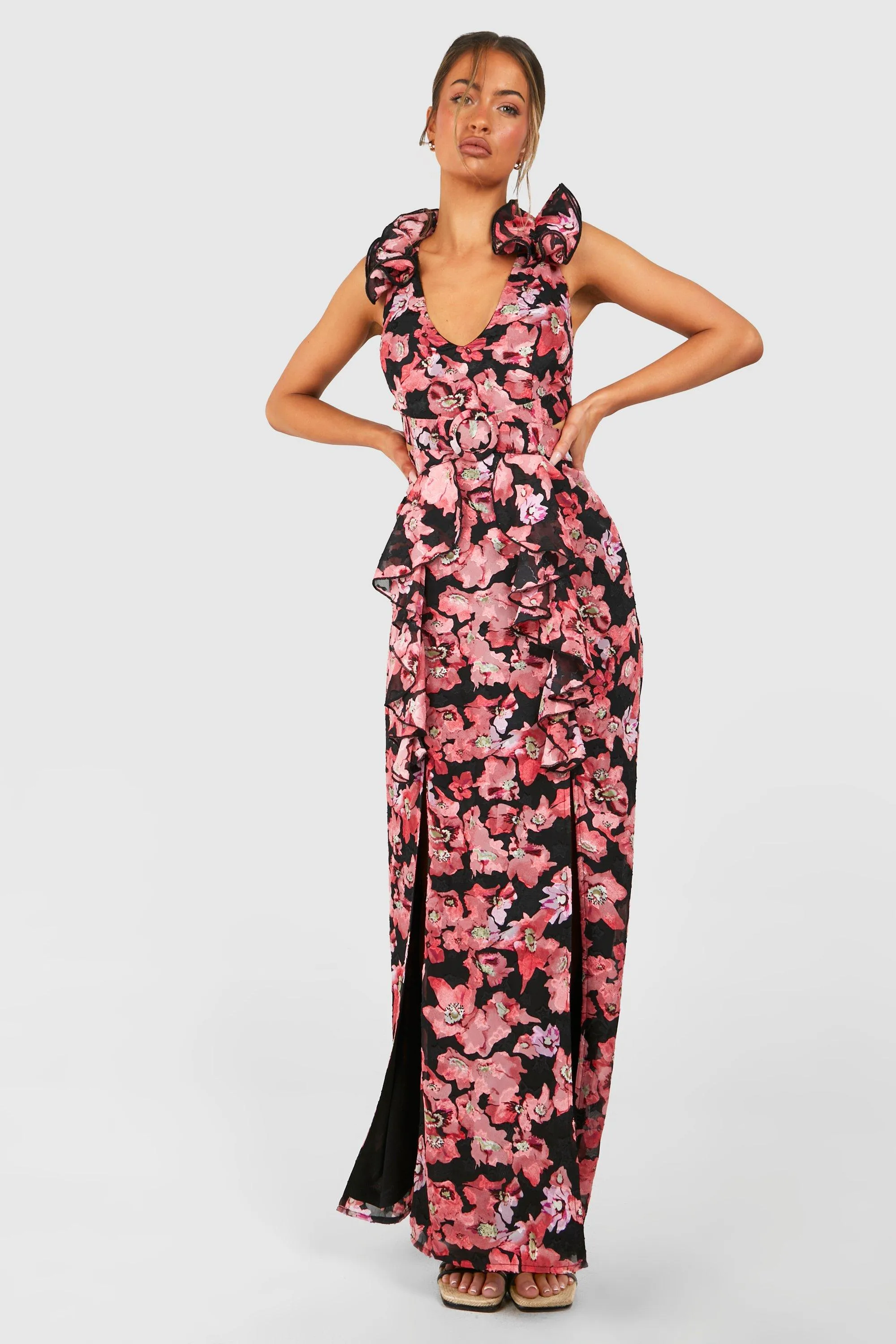 Dresses | Textured Floral Cut Out Ring Detail Maxi Dress | boohoo