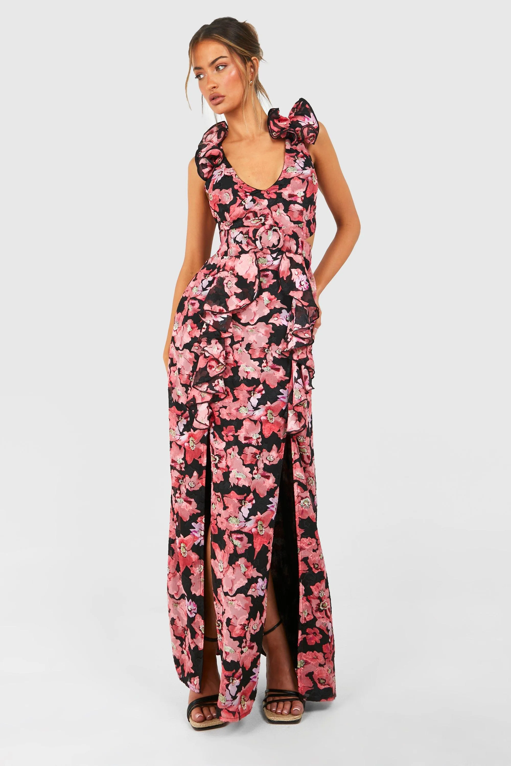 Dresses | Textured Floral Cut Out Ring Detail Maxi Dress | boohoo