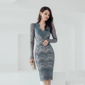 Elegant Korean Women's Hollow Out Lace Full Sleeves Office Party Dresses