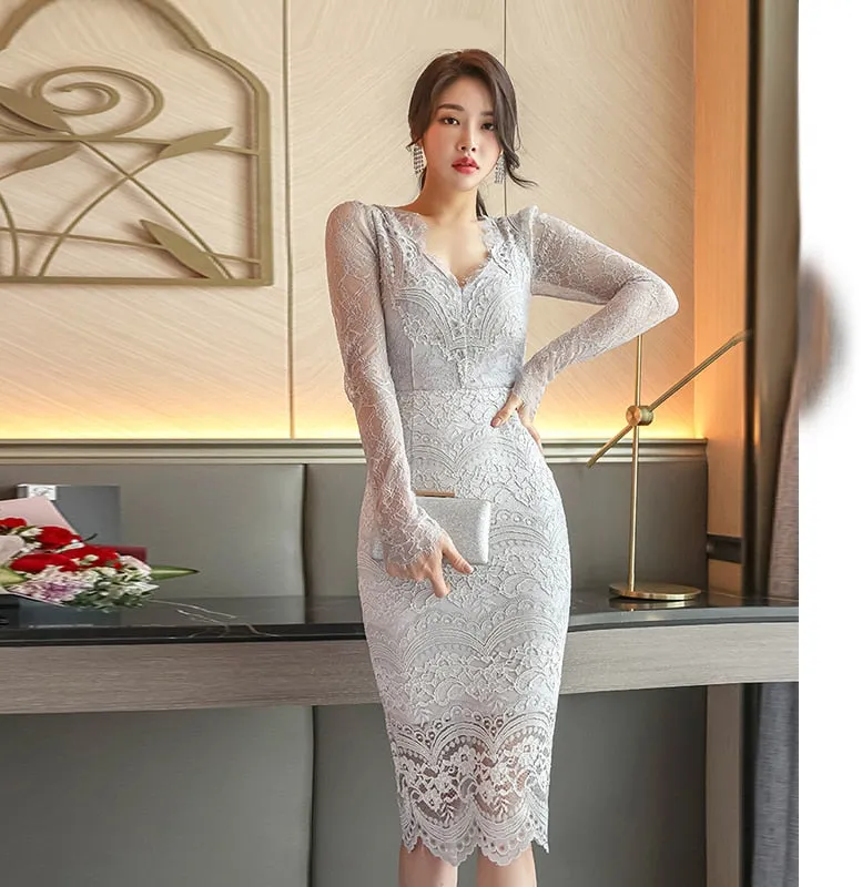 Elegant Korean Women's Hollow Out Lace Full Sleeves Office Party Dresses