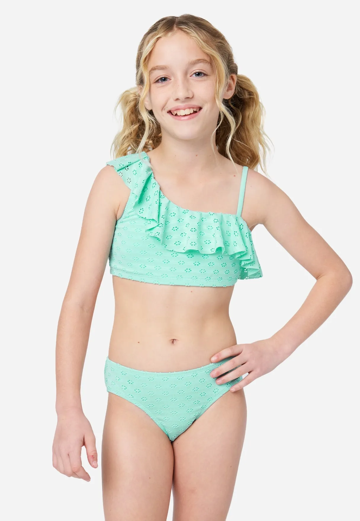 Eyelet Ruffle Asymmetrical Bikini Swim Set