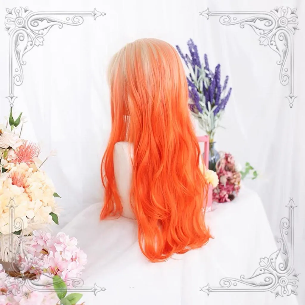 Harajuku Lolita daily gradient blonde orange long curly wig BY7069