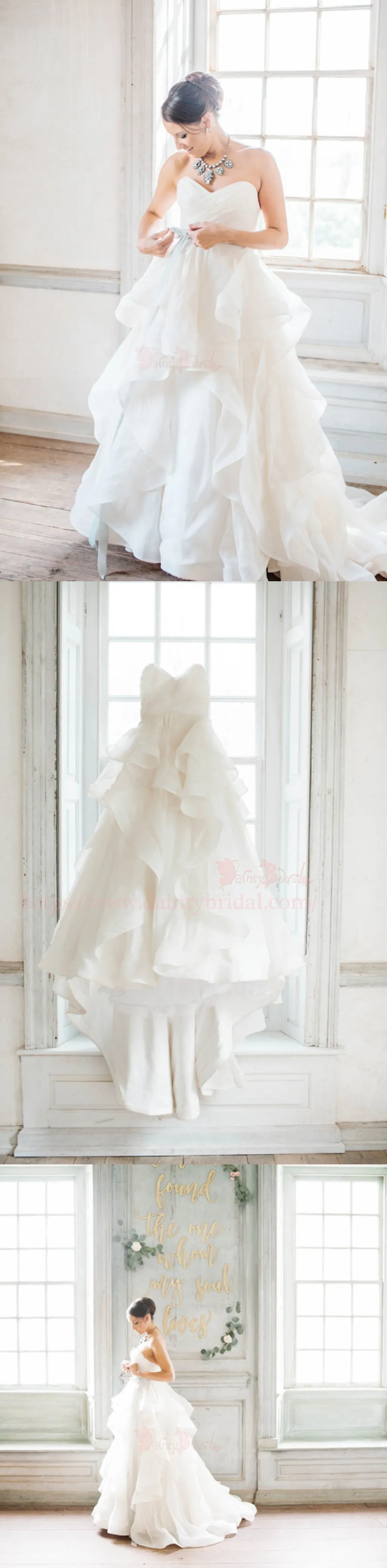 Ivory Organza Sweetheart Strapless Ruffles Ball Gown Wedding Dresses,DB0158