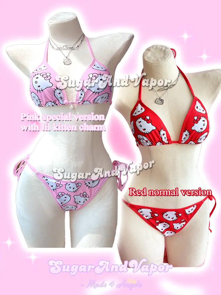 Kawaii Kitten Face Pink Bikini Set