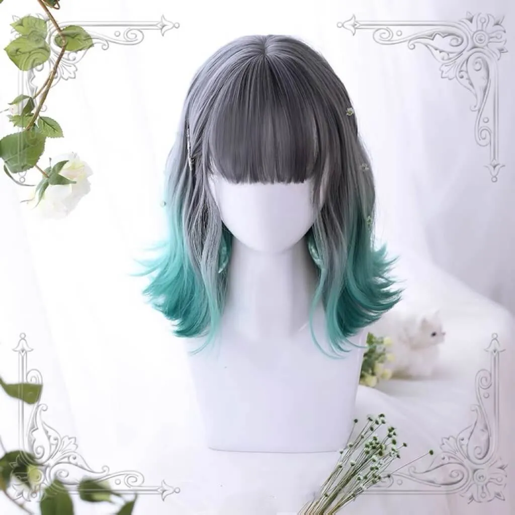 Lolita cute air bangs gray green gradient short wig BY5015