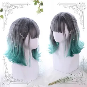 Lolita cute air bangs gray green gradient short wig BY5015