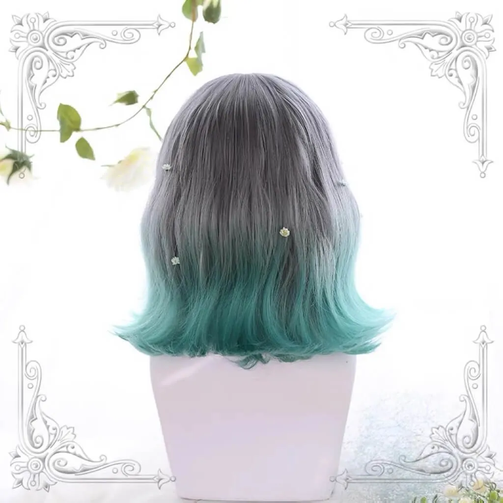 Lolita cute air bangs gray green gradient short wig BY5015