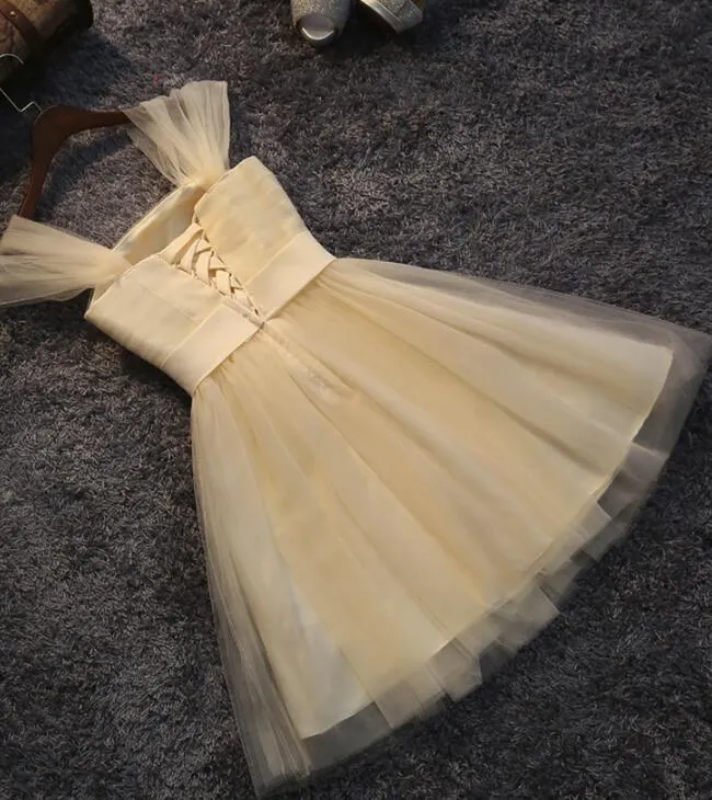 Lovely Champagne Tulle Cute Teen Party Dress with Bow, Straps Tulle Formal Dresses