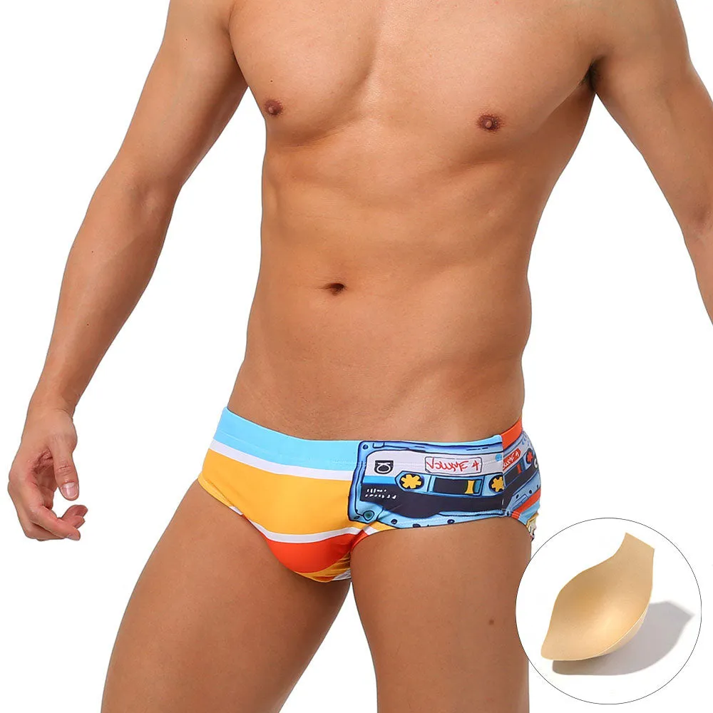 Men's Sexy Printed Patchwork Water Sports Beach Swimwear Briefs