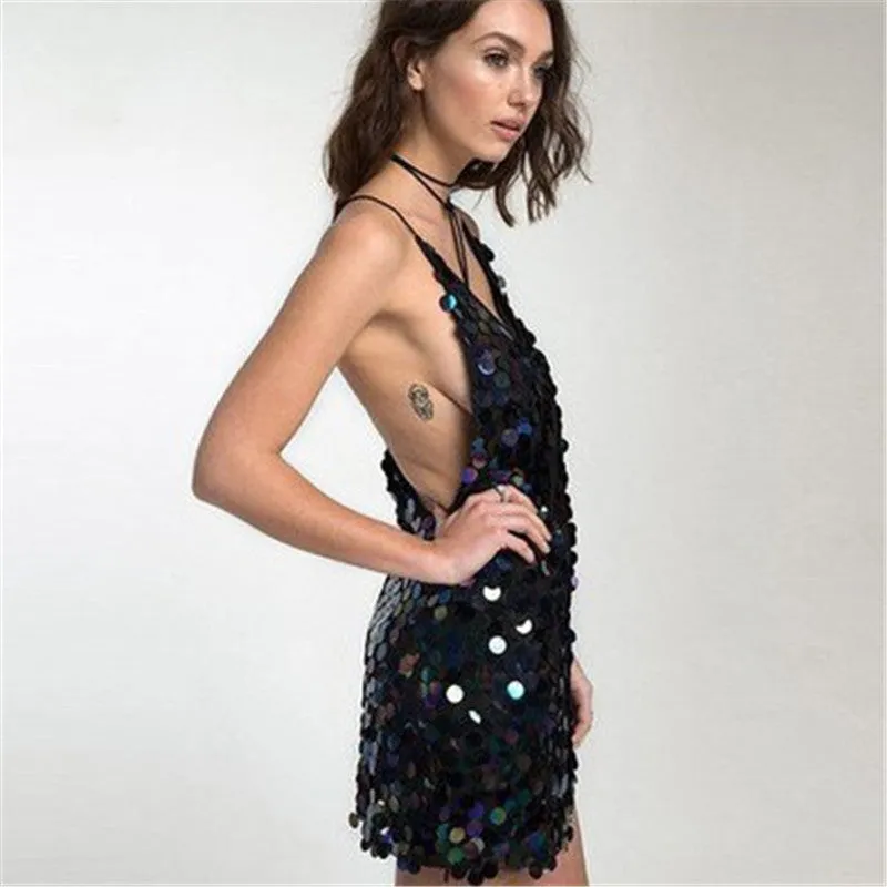 New  European Fashion Club Sexy Dress V-neck Vestidos Spaghetti Strap sleeveless Slim Sequined Bling Women Dresses 72483 GS