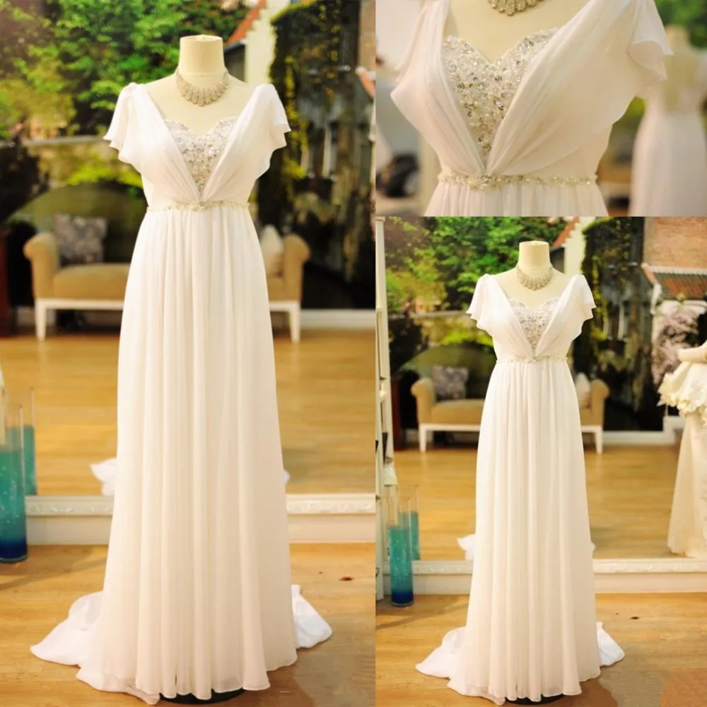 Popular Vintage Wedding Dresses Bohemia Short Sleeves Beads Peals Chiffon Bridal Dress