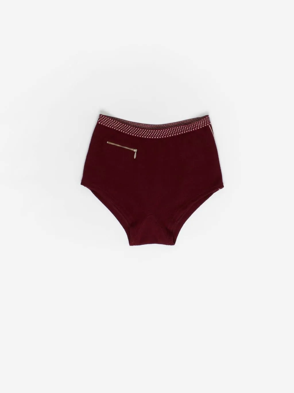 Rare 1950s vintage knitted swimming trunks in burgundy red – Medium / Large