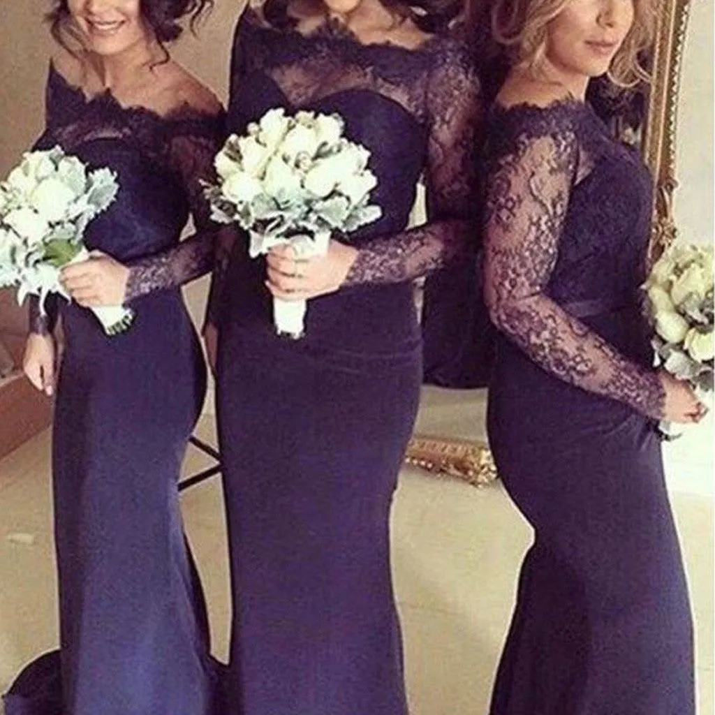 Sexy Navy Blue Long Sleeves Sabrina Mermaid Clairvoyant Outfit Lace Sweep Trailing Bridesmaids Dresses, WG22