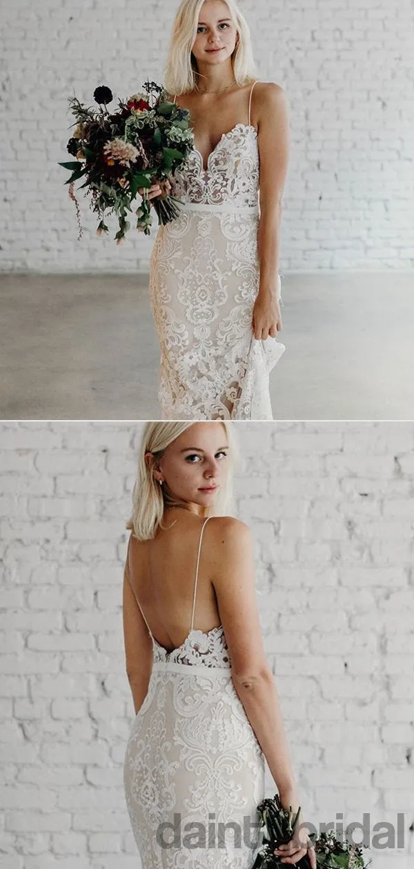 Sexy V-neck Lace Mermaid Open Back Wedding Dresses,DB10256