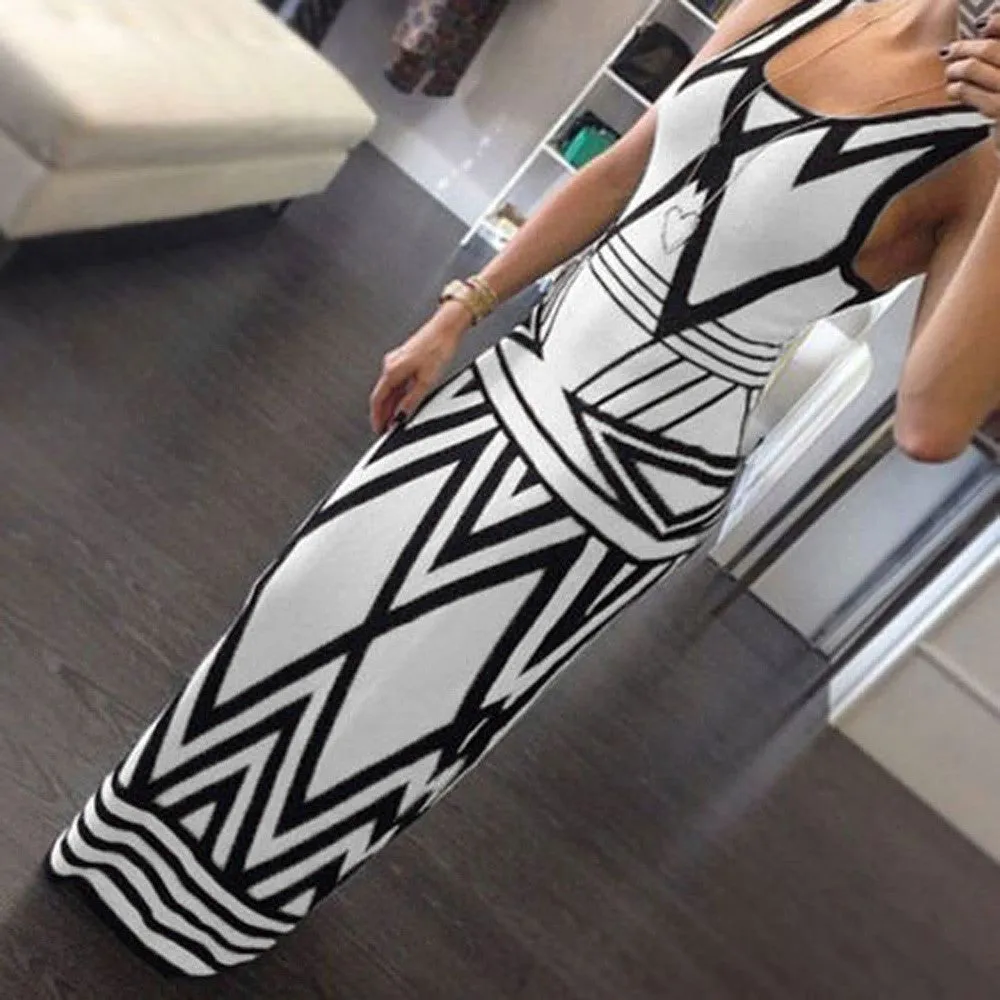 Style Sexy Dress Women Long Dresses Geometric Print Beach Dress sleeveless tank Maxi Robe