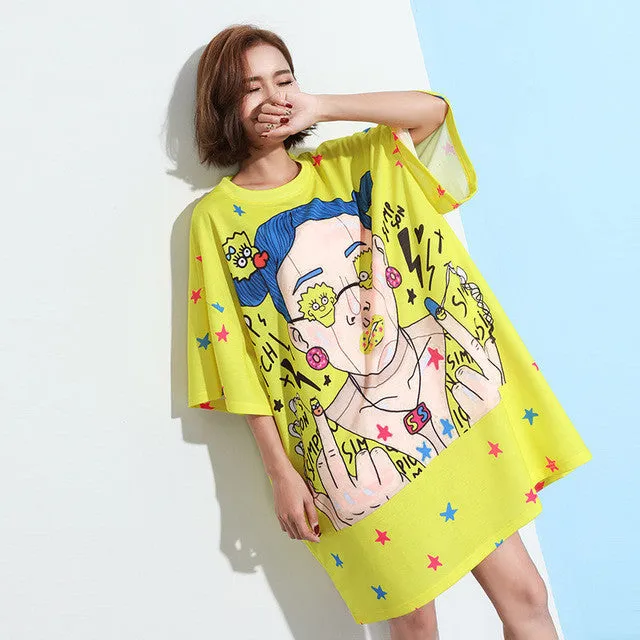 Woherb New  Summer Women Vestidos Casual Cool Cartoon Gril Print O-Neck Short Sleeve Dress Loose Dresses Plus Size 72746 GS