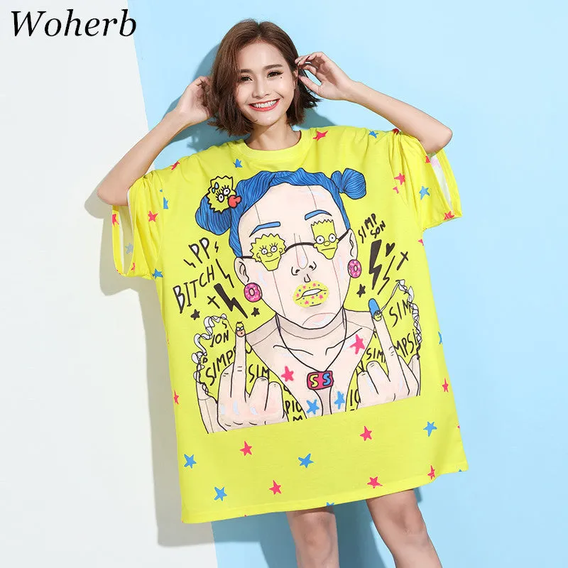 Woherb New  Summer Women Vestidos Casual Cool Cartoon Gril Print O-Neck Short Sleeve Dress Loose Dresses Plus Size 72746 GS