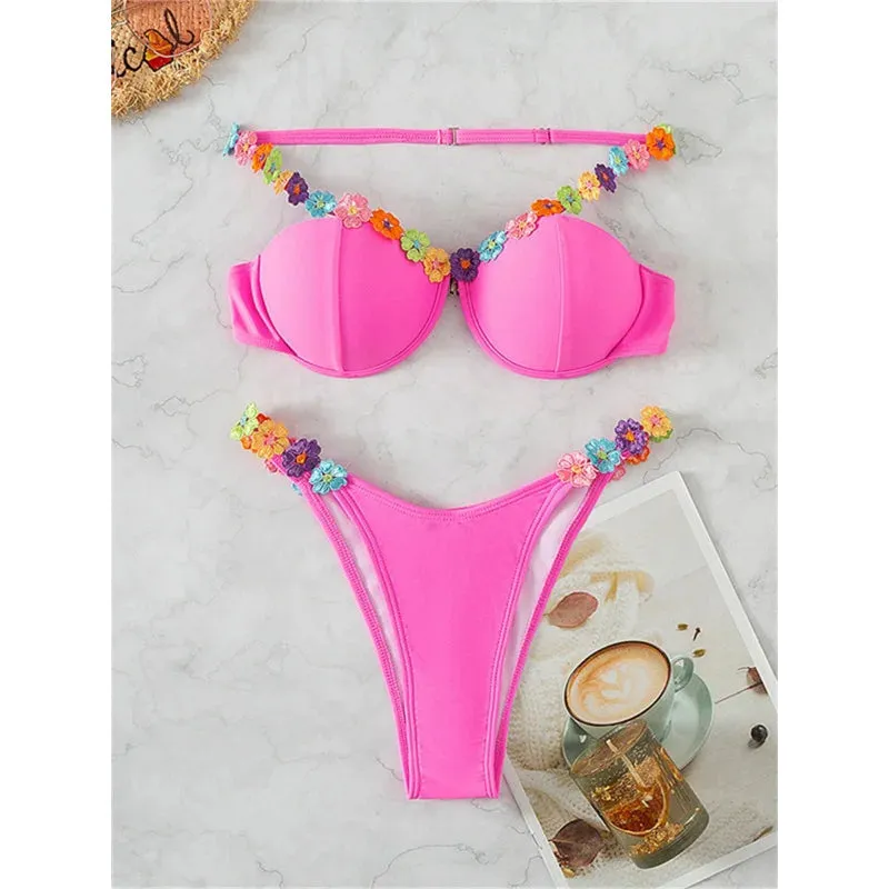 Women's Polyester Pink Floral Pattern Cut Out Low Waist Swimwear